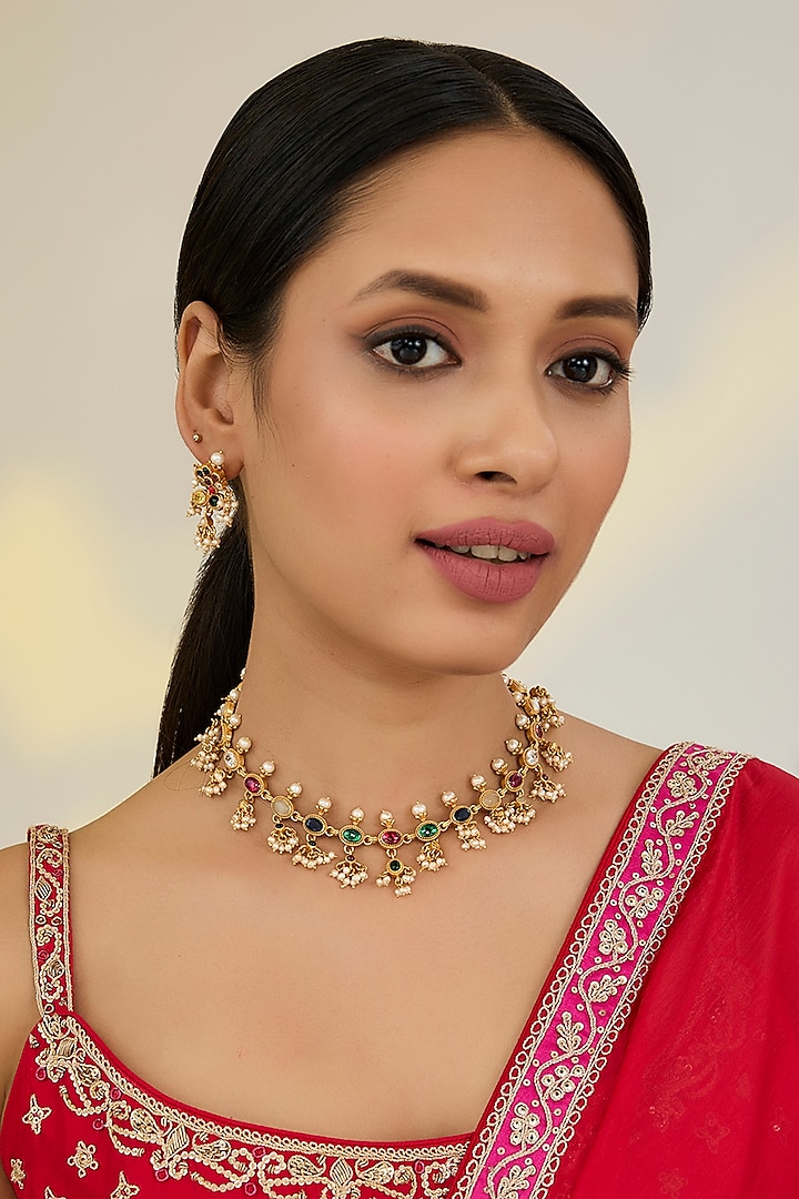 Gold Finish Kundan Polki & Navratna Stone Necklace Set by Kreart at Pernia's Pop Up Shop