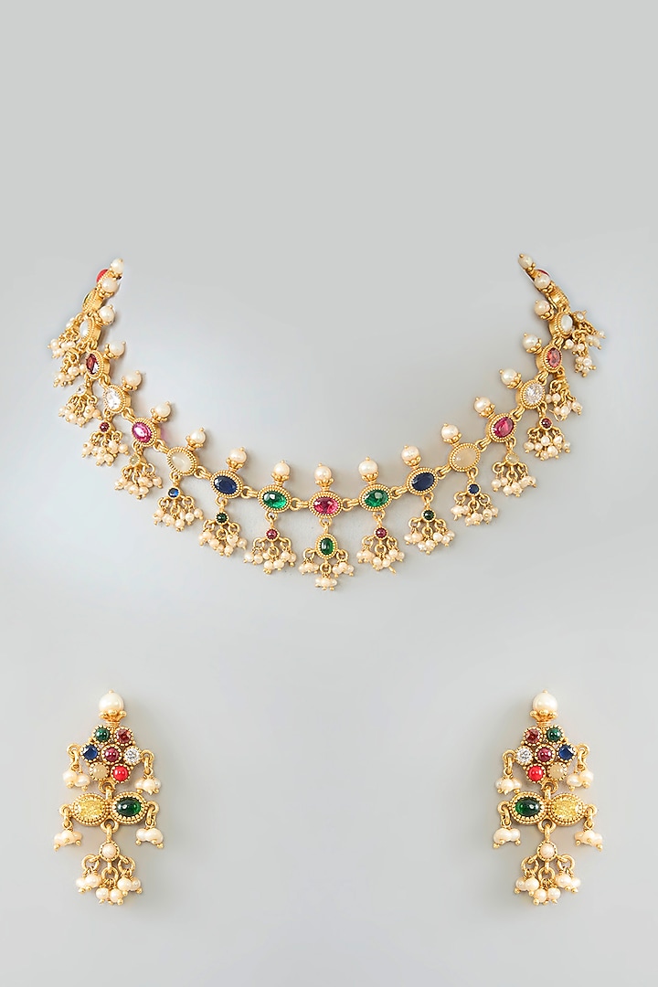 Gold Finish Kundan Polki & Navratna Stone Necklace Set by Kreart at Pernia's Pop Up Shop