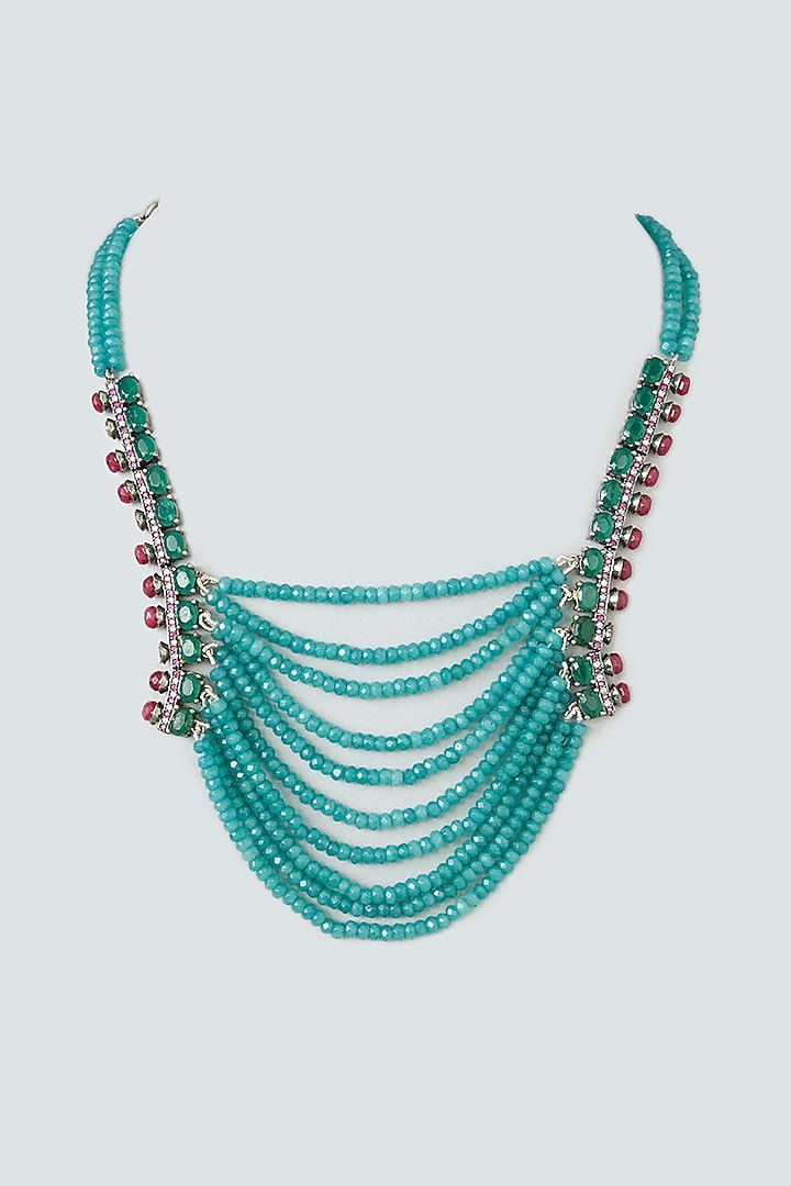 White Finish Ruby & Blue Beaded Long Necklace by Kreart at Pernia's Pop Up Shop
