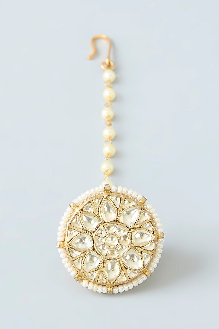 Gold Finish Kundan Polki & Pearl Borla Maangtikka by Kreart at Pernia's Pop Up Shop