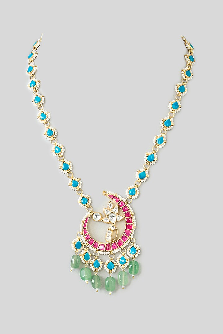 Gold Finish Kundan Polki & Green Tumble Beaded Long Pendant Necklace Set by Kreart at Pernia's Pop Up Shop