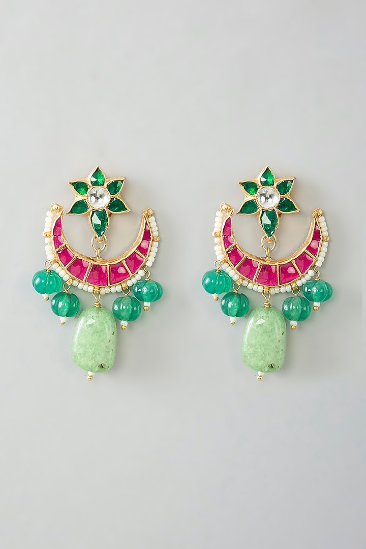 Gold Finish Kundan Polki & Green Tumble Beaded Long Pendant Necklace Set by Kreart at Pernia's Pop Up Shop
