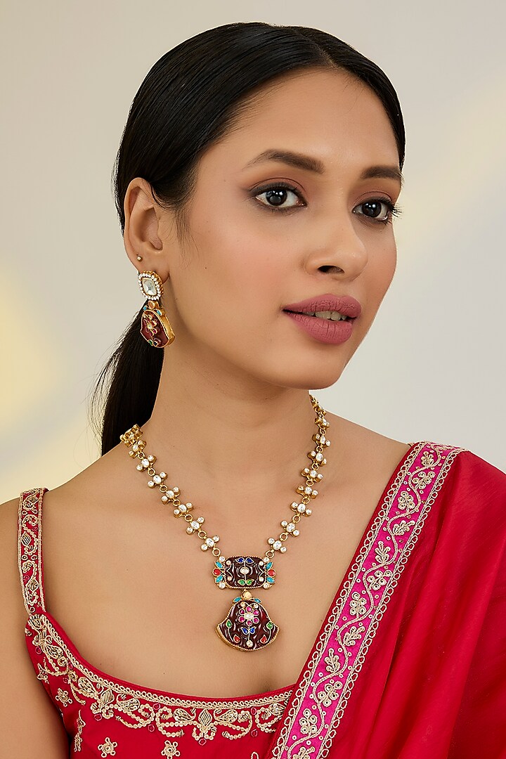 Gold Finish Kundan Polki & Multi-Colored Stone Long Pendant Necklace Set by Kreart at Pernia's Pop Up Shop