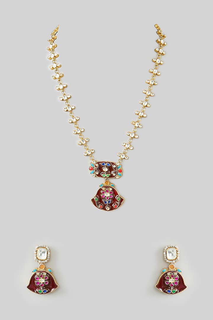 Gold Finish Kundan Polki & Multi-Colored Stone Long Pendant Necklace Set by Kreart at Pernia's Pop Up Shop
