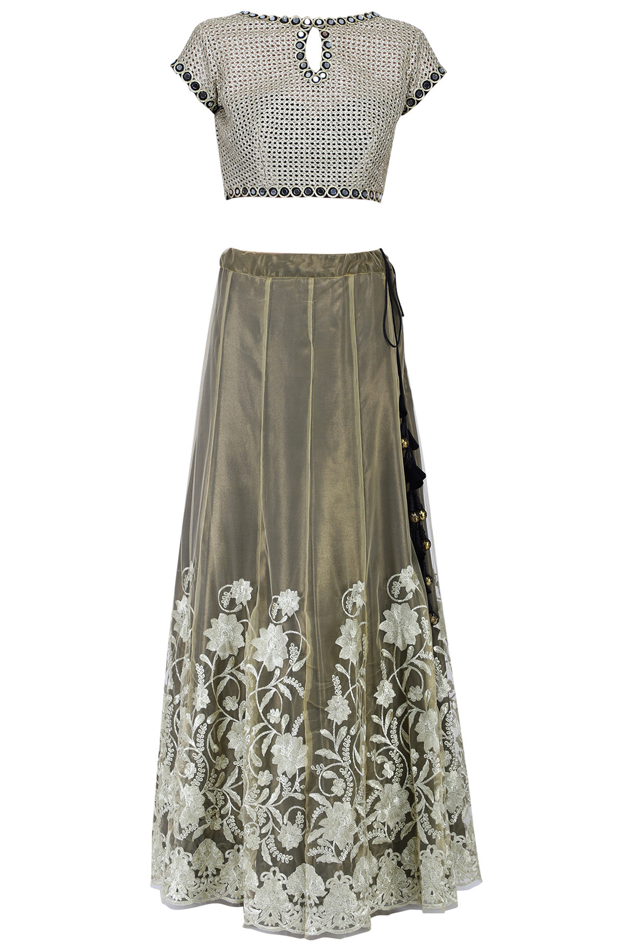 Beige and gold embroidered lehenga set available only at Pernia's Pop Up Shop.
