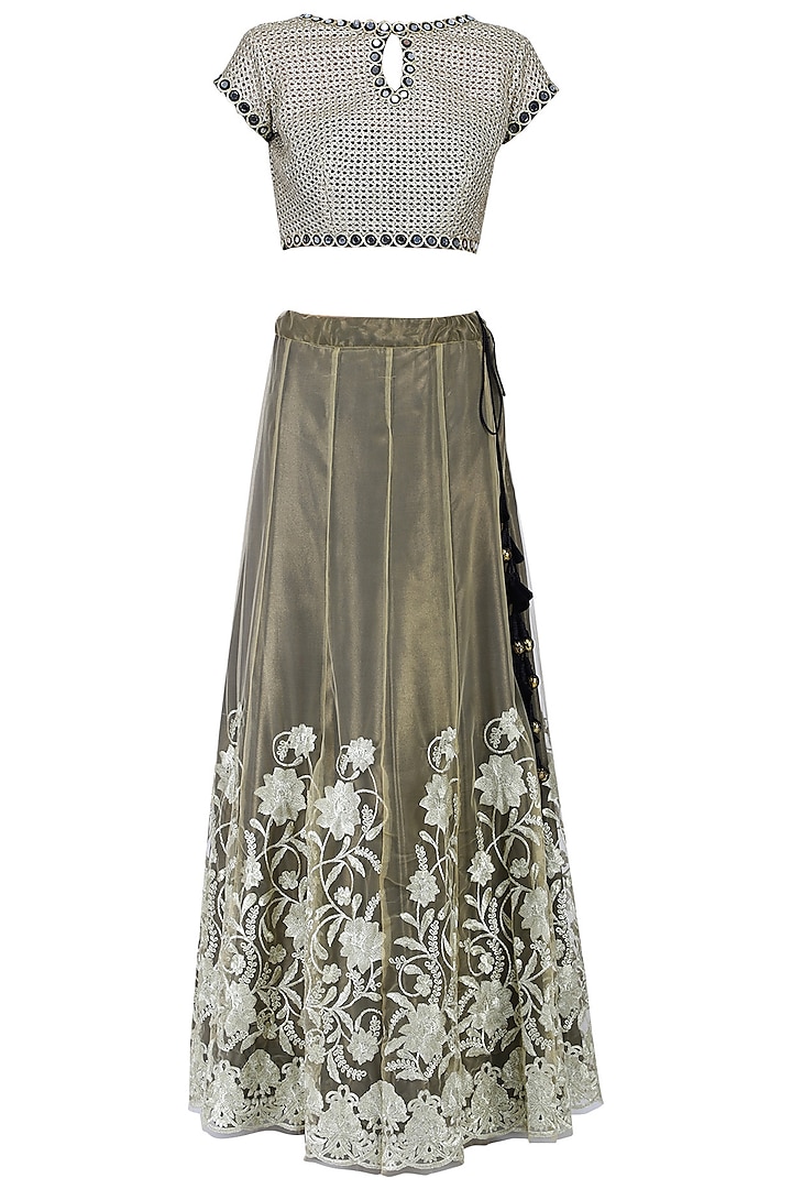 Beige and gold embroidered lehenga set by KRASNA