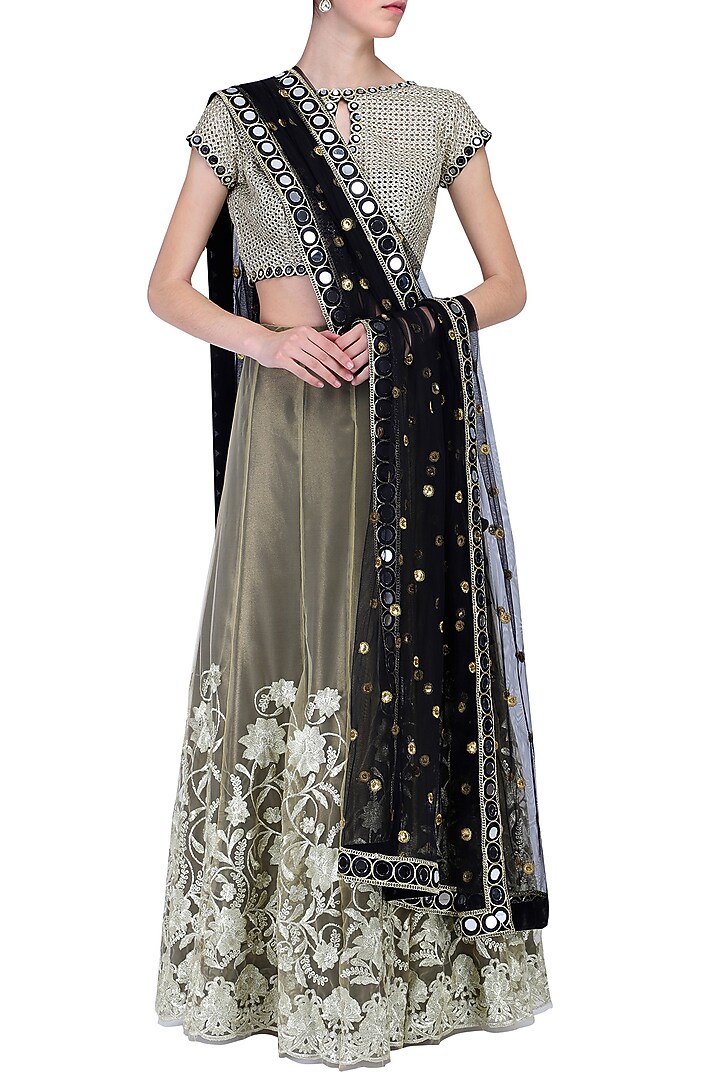 Beige and gold embroidered lehenga set available only at Pernia's Pop Up Shop.