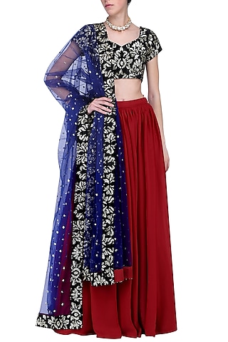 Burgundy embroidered lehenga set by KRASNA