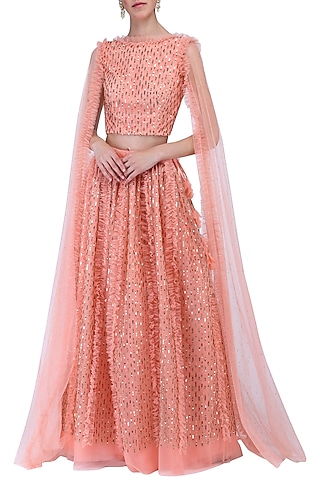 Peach embroidered lehenga set by KRASNA