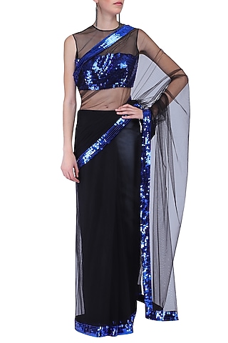 Black Embroidered Saree Set by KRASNA