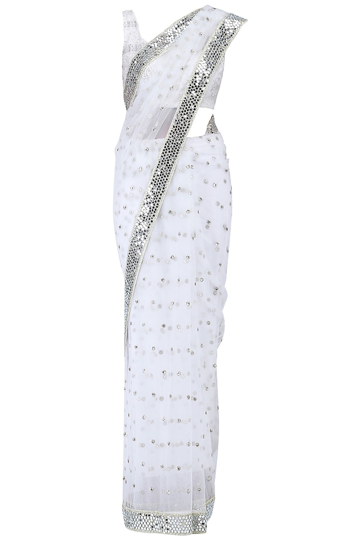 White embroidered saree set by KRASNA