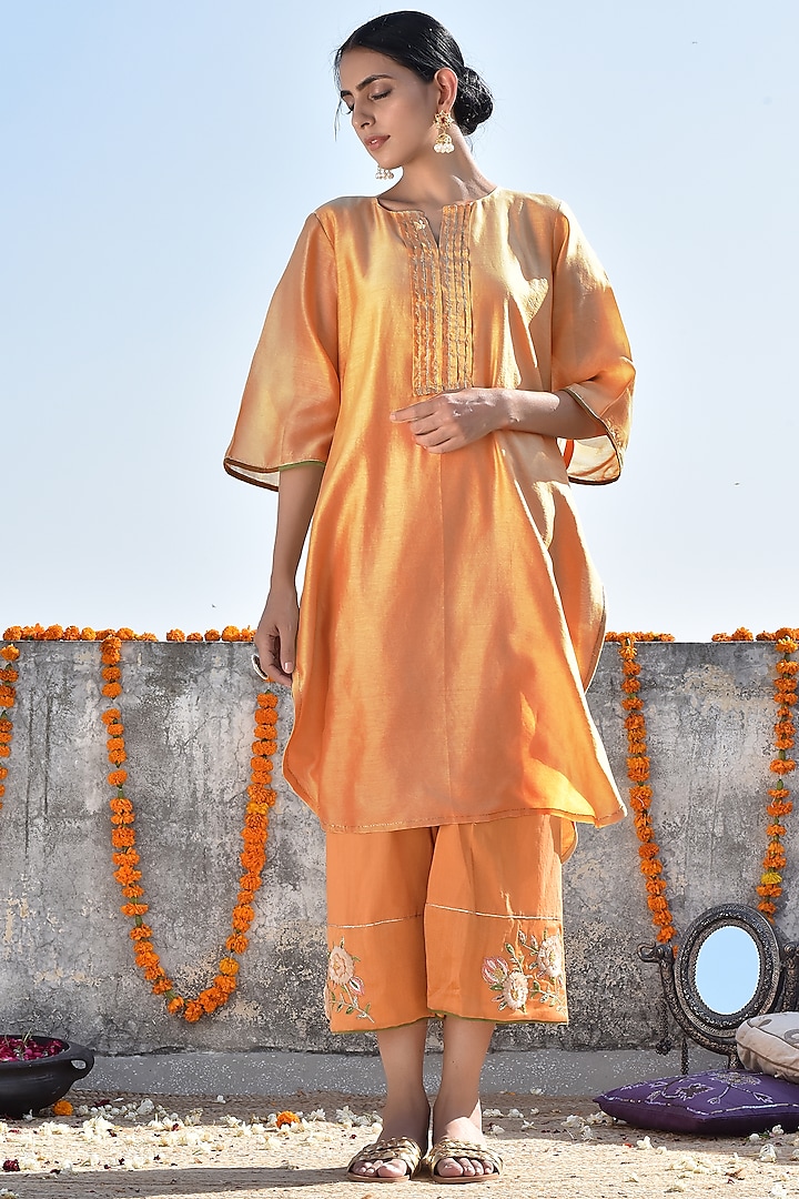 Orange Embroidered Kurta With Pants by Kanika sharma