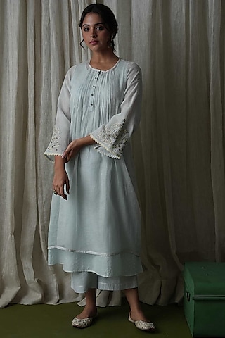 Sky Blue Kota Embroidered Kurta Set by Kanika sharma