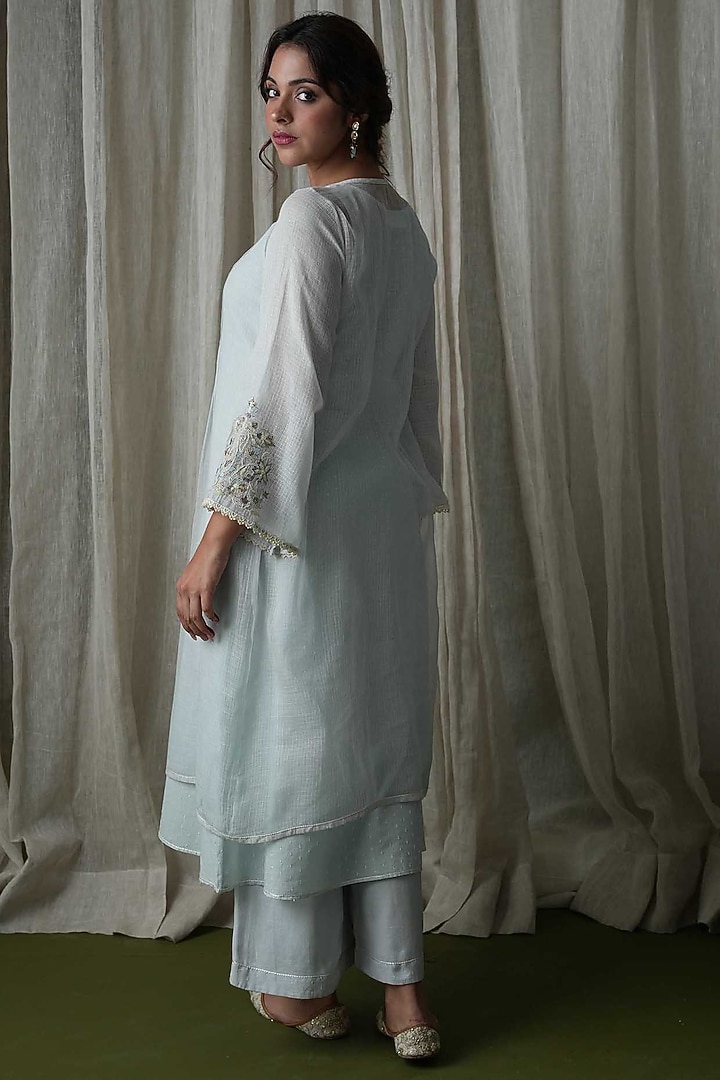 Sky Blue Kota Embroidered Kurta Set by Kanika sharma at Pernia's Pop Up Shop