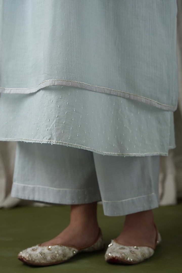 Sky Blue Kota Embroidered Kurta Set by Kanika sharma at Pernia's Pop Up Shop