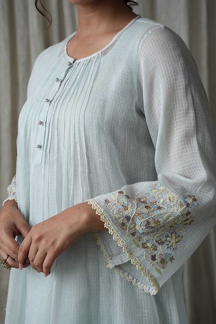 Sky Blue Kota Embroidered Kurta Set by Kanika sharma at Pernia's Pop Up Shop