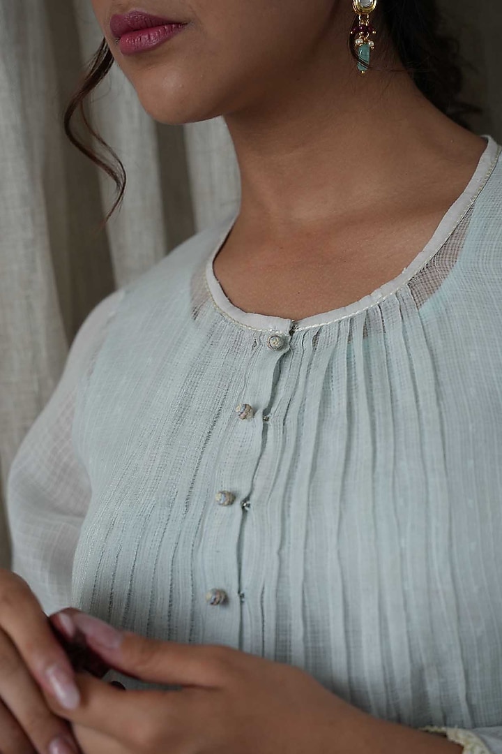 Sky Blue Kota Embroidered Kurta Set by Kanika sharma at Pernia's Pop Up Shop
