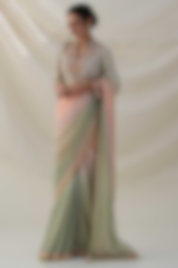 Grey & Peach Shaded Georgette Embroidered Saree Set by Kanika sharma at Pernia's Pop Up Shop