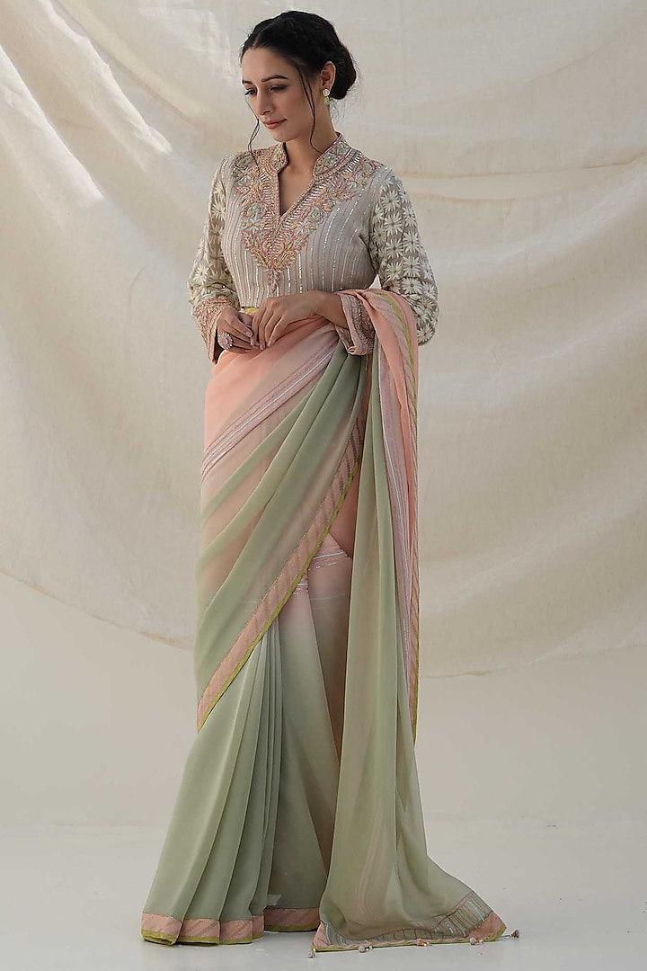 Grey & Peach Shaded Georgette Embroidered Saree Set by Kanika sharma at Pernia's Pop Up Shop