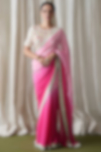 Fuchsia & Pink Shaded Georgette Embroidered Saree Set by Kanika sharma at Pernia's Pop Up Shop