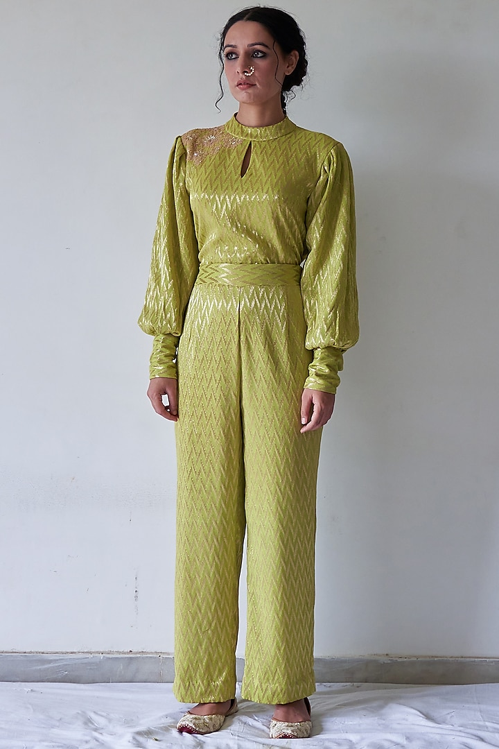 Mint Sequins Hand Embroidered Jumpsuit by Kanika sharma
