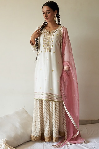 White Zari Hand Embroidered Sharara Set by Kanika sharma