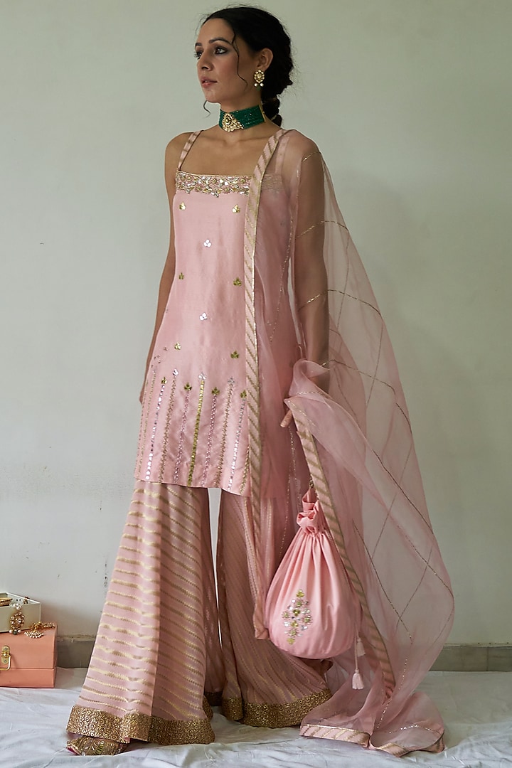 Pink Georgette Leheriya Gharara Set by Kanika sharma