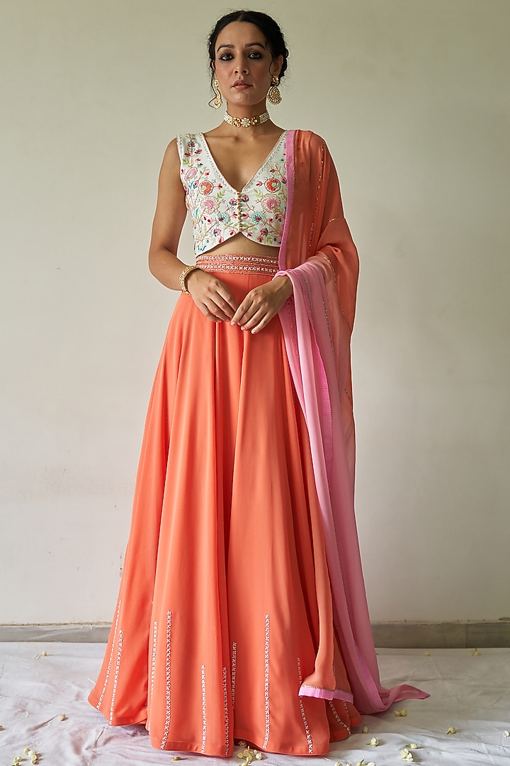 Dark Peach Sequins Hand Embroidered Wedding Lehenga Set by Kanika sharma at Pernia's Pop Up Shop