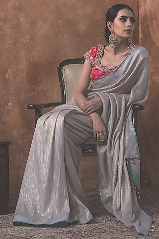 Steel Grey Silk Saree Set by Kanika sharma
