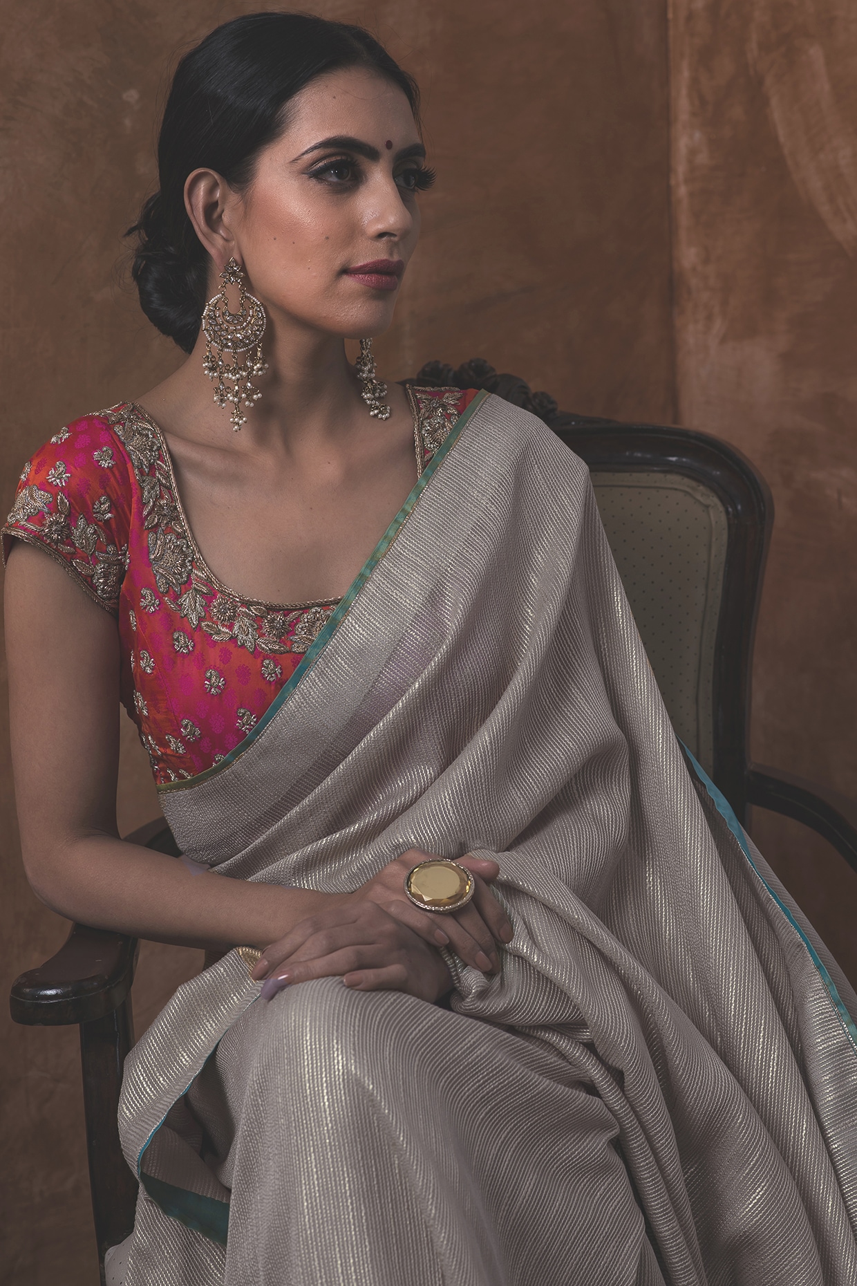 Teejh Aadisha Grey Kota Leheriya Saree with Blouse Piece