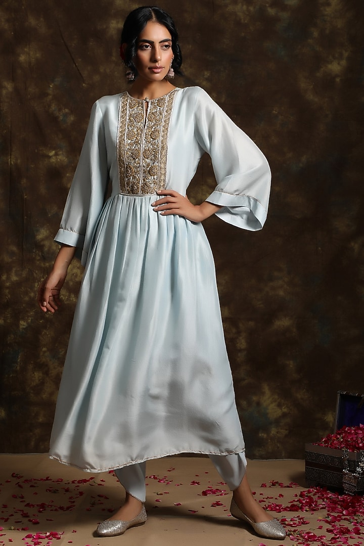 Sky Blue Embroidered Kurta With Pants by Kanika sharma at Pernia's Pop Up Shop