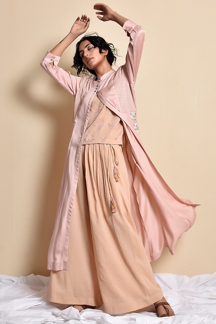 Soft Pink & Coffee Brown Embroidered Jacket Set by Kanika sharma at Pernia's Pop Up Shop