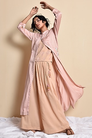 Soft Pink & Coffee Brown Embroidered Jacket Set by Kanika sharma