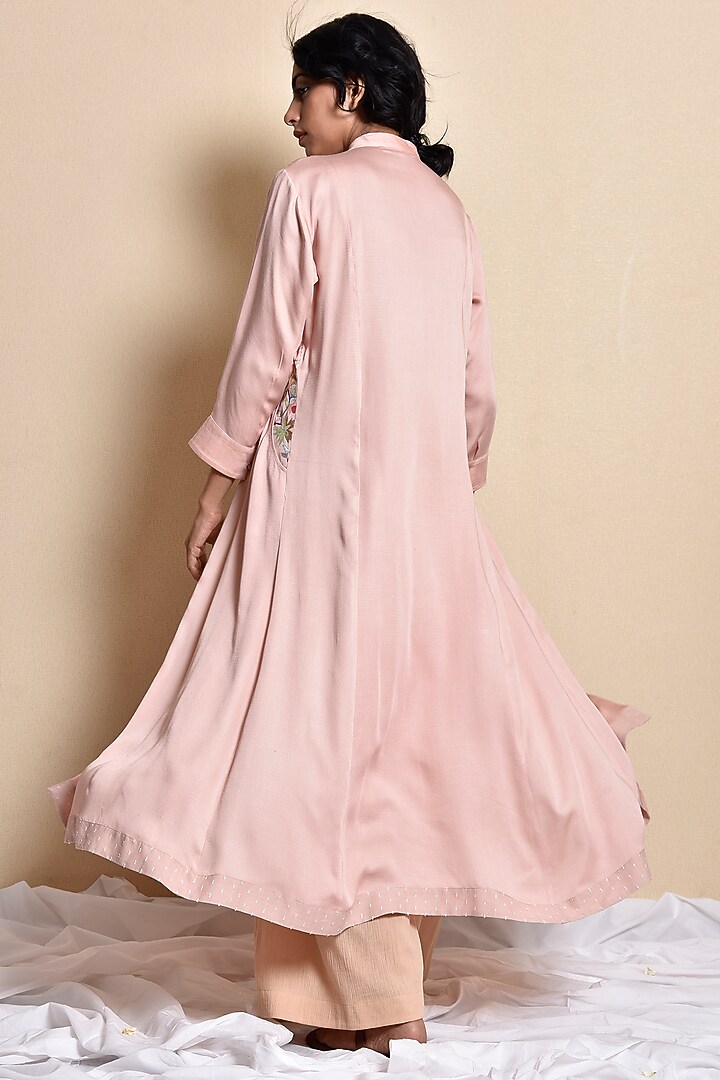 Soft Pink & Coffee Brown Embroidered Jacket Set by Kanika sharma at Pernia's Pop Up Shop