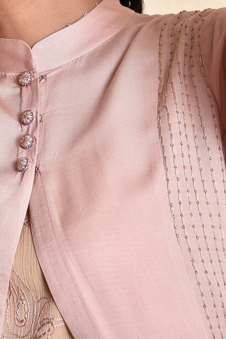 Soft Pink & Coffee Brown Embroidered Jacket Set by Kanika sharma at Pernia's Pop Up Shop
