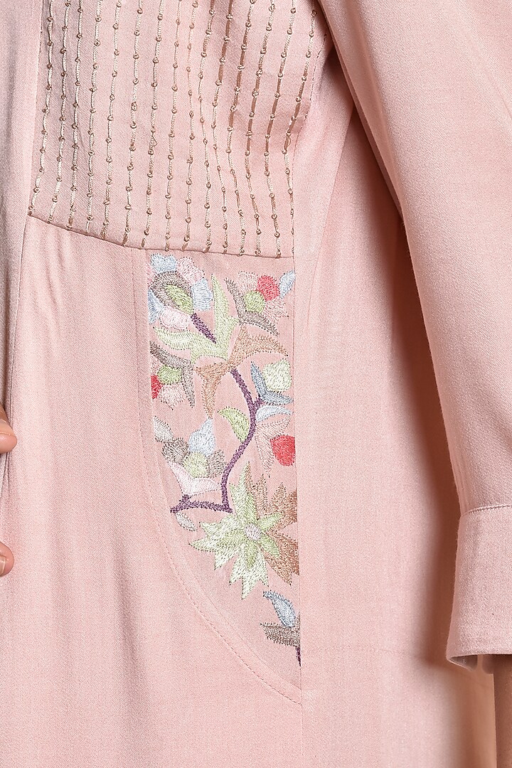 Soft Pink & Coffee Brown Embroidered Jacket Set by Kanika sharma at Pernia's Pop Up Shop