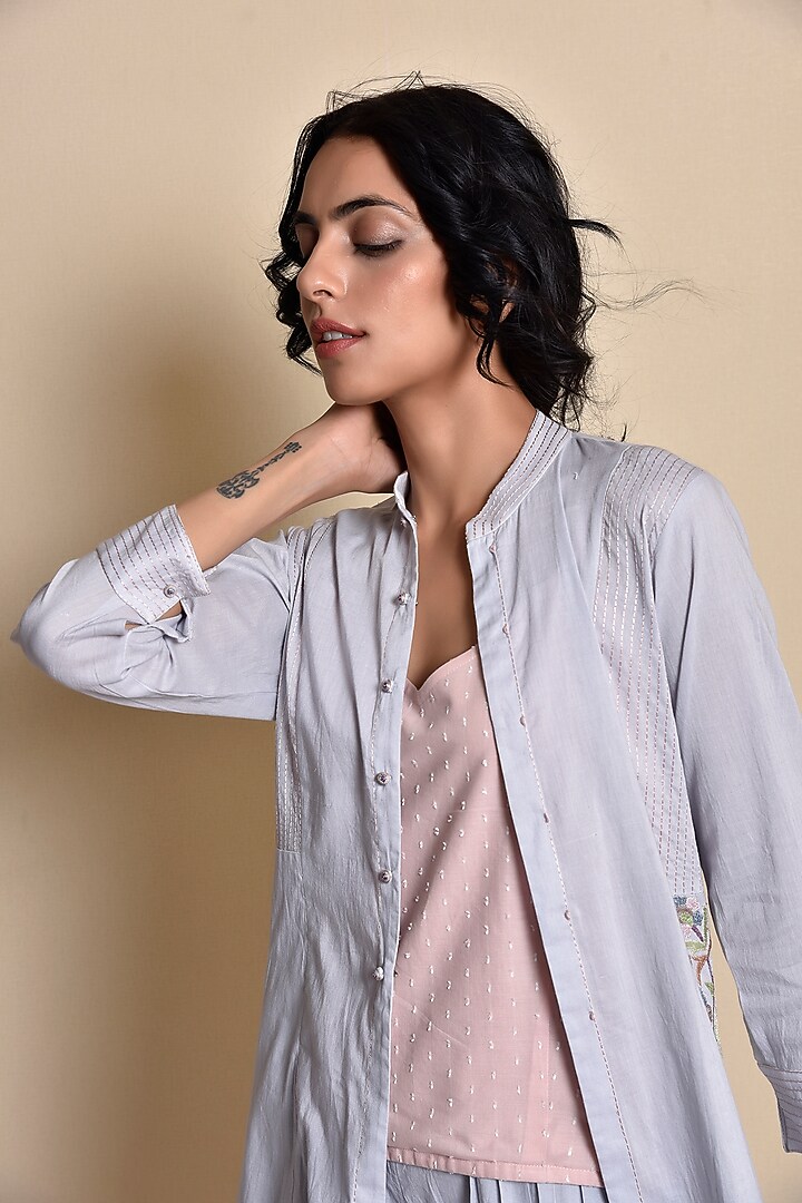 Sky Blue & Soft Pink Embroidered Jacket Set by Kanika sharma at Pernia's Pop Up Shop