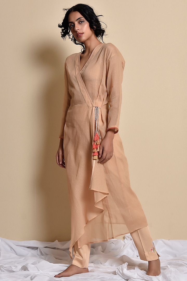 Camel Brown & Coral Jacket Set by Kanika sharma at Pernia's Pop Up Shop