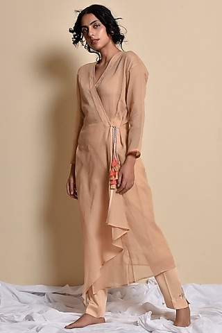 Camel Brown & Coral Jacket Set by Kanika sharma