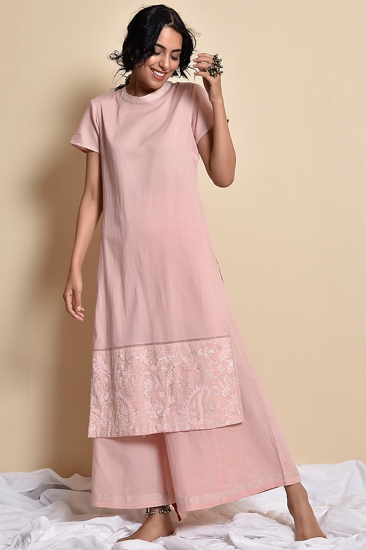 Blush Pink Embroidered Kurta Set by Kanika sharma at Pernia's Pop Up Shop