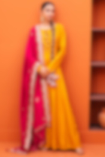 Ocher Silk Embroidered Gown With Dupatta by Kesar studio
