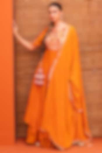 Orange Silk & Georgette Thread Embroidered Gown With Dupatta by Kesar studio