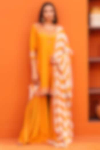 Orange Silk & Crepe Sharara Set by Kesar studio