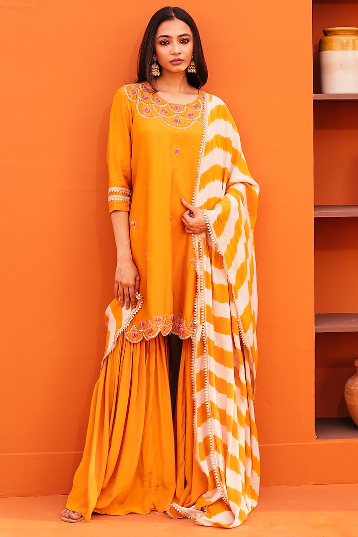 Orange Silk & Crepe Sharara Set by Kesar studio