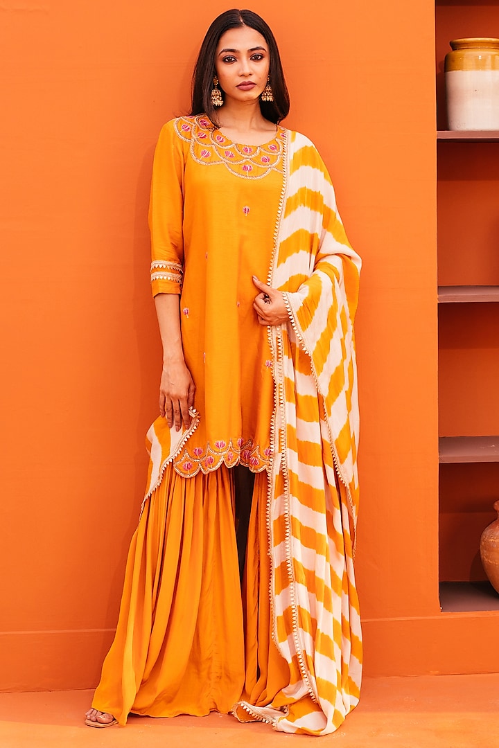 Orange Silk & Crepe Sharara Set by Kesar studio at Pernia's Pop Up Shop