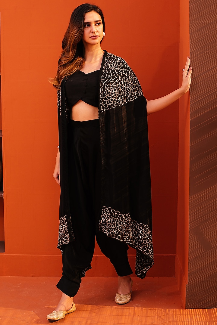 Black Silk & Crepe Embroidered Cape Set by Kesar studio