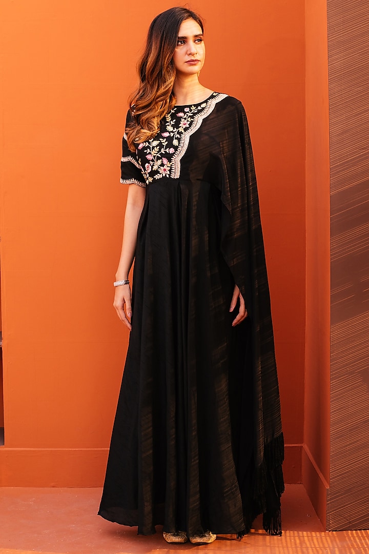 Black Silk & Crepe Embroidered Gown by Kesar studio