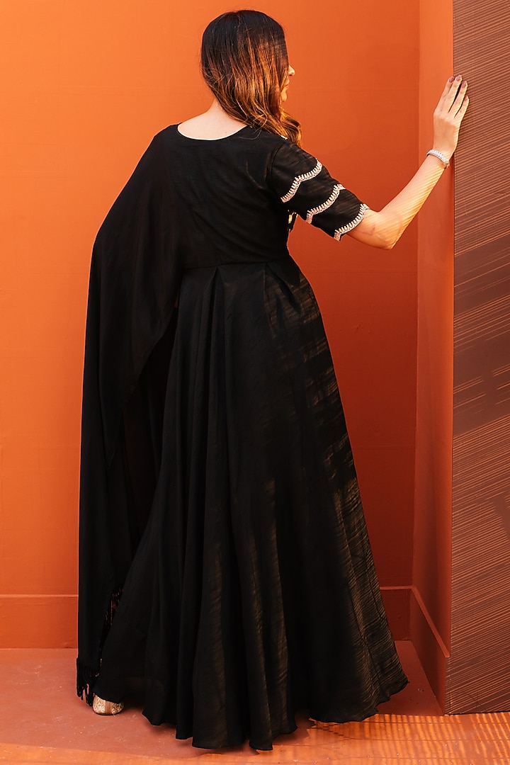 Black Silk & Crepe Embroidered Gown by Kesar studio at Pernia's Pop Up Shop