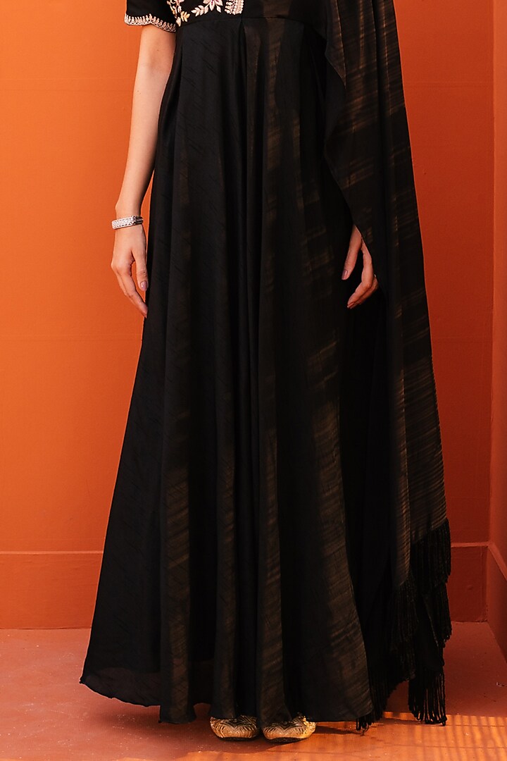 Black Silk & Crepe Embroidered Gown by Kesar studio at Pernia's Pop Up Shop