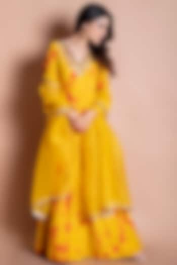 Mustard Embroidered Gown With Dupatta by Kesar studio